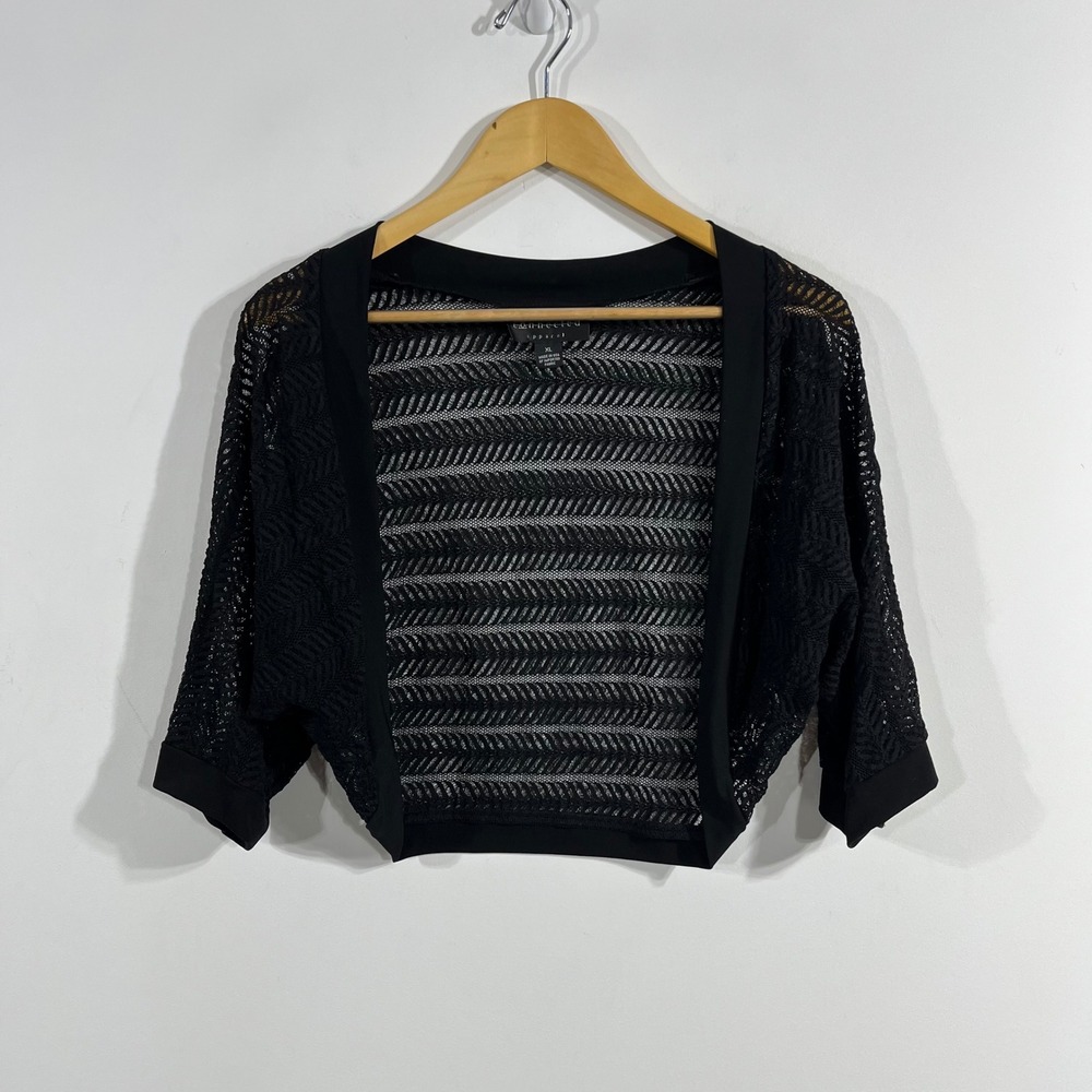 Connected Y2K Crochet Knit Open Front Bolero Shrug Womens XL Black Festival Boho